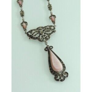 Vintage Art Deco 925 Sterling Silver Pink Mother of Pearl Pendant Necklace